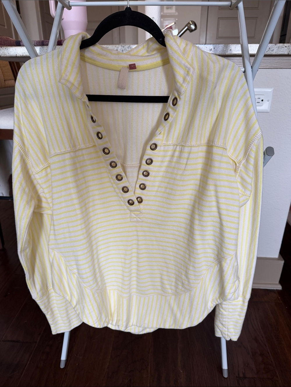 Anthropologie Pilcro Striped Yellow Pullover Top with Grommet V-Neck